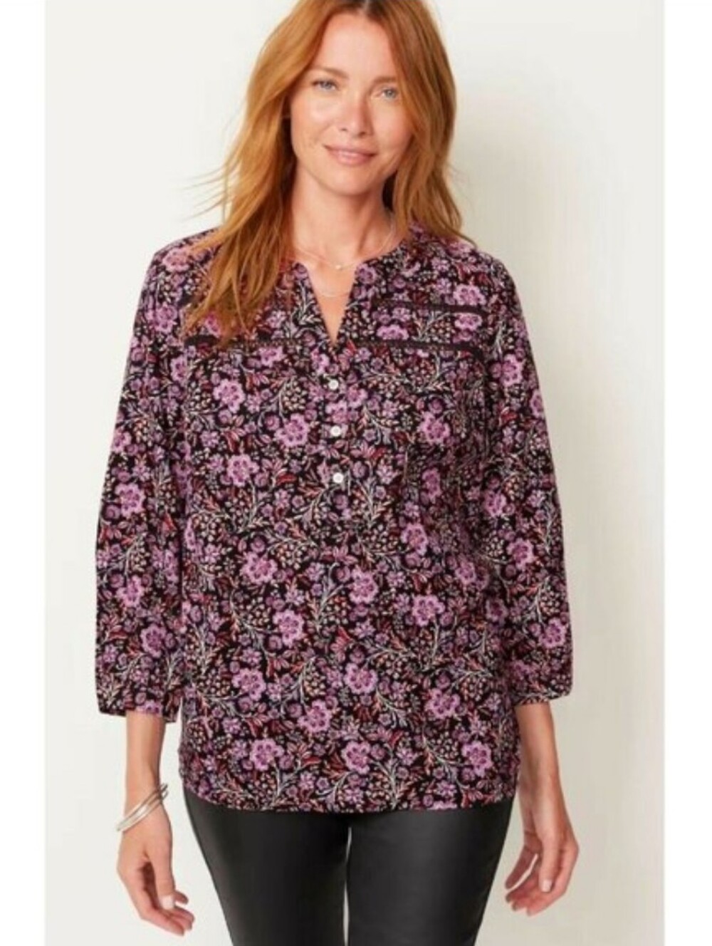 J. Jill Cordurory Purple Floral Button-Front 3/4 Top Cottagecore Western Boho 2X